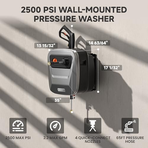 Giraffe Tools 65FT Wall Mount Pressure Washer G20, Dark Silver, Grey Hose