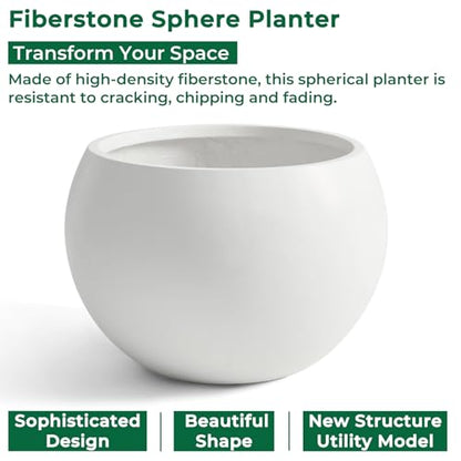 19.3"Dia x 13"H Large Fiberstone Sphere Planter, White Round Pot - color: White, size: Large