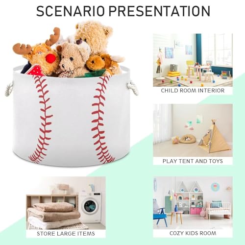 Baseball Print Round Storage Basket Collapsible with Handle - color: White Red