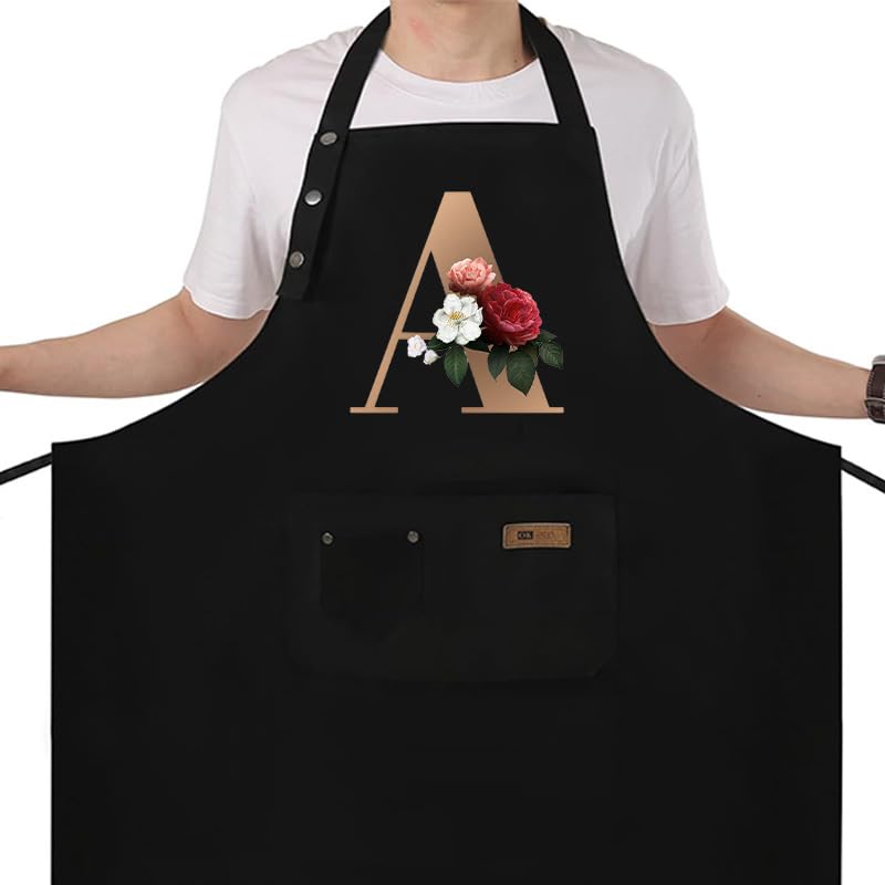 Apron for Women with Pockets, Initail Gardening Apron with Adjustable Straps, Large Pockets & Cross Back Design - color: Bk-a