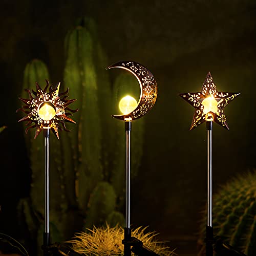 Solar Garden Stake Lights, Moon Sun Star Yard Decorations Outdoor 3 Pack
