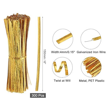 uxcell 6" Twist Ties, Metallic Twist Ties, Reusable Plastic Coated Twist Ties for Bakery, Candy Bags, Coffee Bags, Goodie Bags, Pack of 300, Shiny Gold - color: Gold, size: 6"