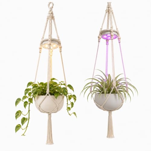 Rechargeable Hanging Plant Grow Lights for Indoor with Timer, Wireless Battery Powered Full Spectrum Growing Light with Macrame Plant Hanger, Wall/Ceiling Mounted Planta Luz for Home Decor（2 Pack）