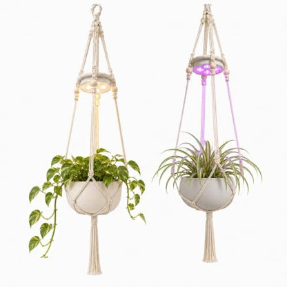 Rechargeable Hanging Plant Grow Lights for Indoor with Timer, Wireless Battery Powered Full Spectrum Growing Light with Macrame Plant Hanger, Wall/Ceiling Mounted Planta Luz for Home Decor（2 Pack）