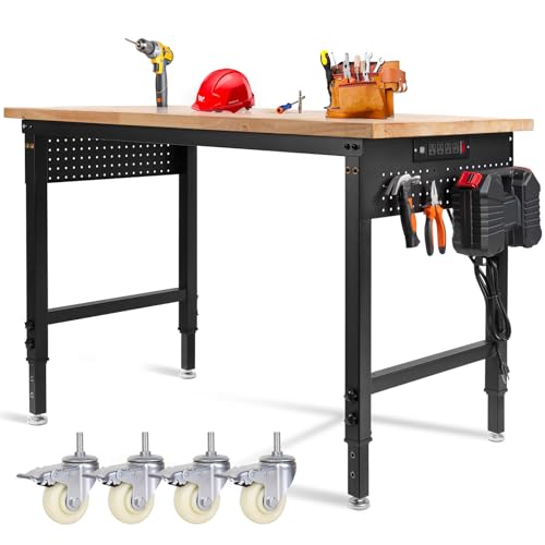 48"×24” Adjustable Workbench with Wheels, 28”-40”Height Heavy Duty Table 2000 LBS Load Capacity, Work Bench with Power Outlet & Pegboard, Rubber Wood Work Table for Garage, Office, Workshop - size: 48"| Metal Casters│Power Outlets | Pegboard