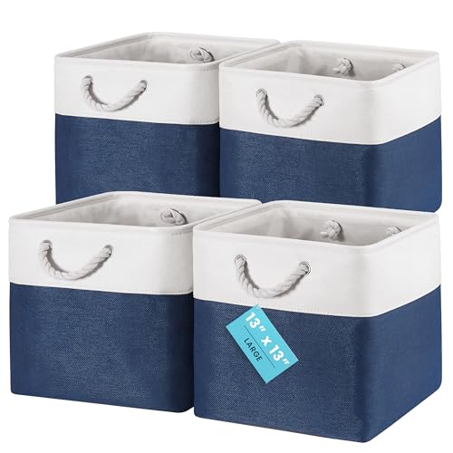 OrganiHaus 12x12 Cube Storage Bins, 4-Pack Fabric Cubes, Rope Handles - color: Navy Blue Base / Off-White, size: 4 pcs (12x12)