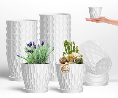 16 Pack 4 Inch Plastic Planter Pots with Tray, Heavy Duty Indoor Outdoor Planter Pots with 48 Drainage Holes for Herbs, Succulents, Seedlings, Flowers Durable and Lightweight White - color: White