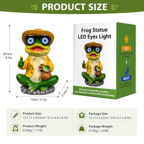 Solar Frog Statue with Blinking LED Eyes, Solar Powered Garden Decor - color: Green Solar Frog Statue