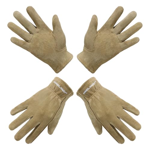 HANDLANDY 2 Pairs Kids Leather Gardening Gloves, Kid Work Gloves, Khaki, L - color: Khaki (2 Pairs), size: Large (Age 8-9)