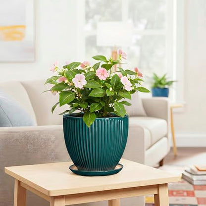Ceramic Planter, 8 Inch Plant Pots with Saucer, Blackish Green - color: Blackish Green, size: 8 Inch