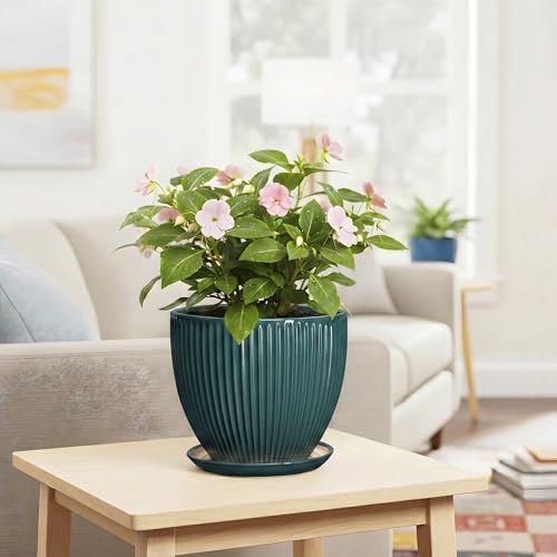 Ceramic Planter, 8 Inch Plant Pots with Saucer, Blackish Green - color: Blackish Green, size: 8 Inch