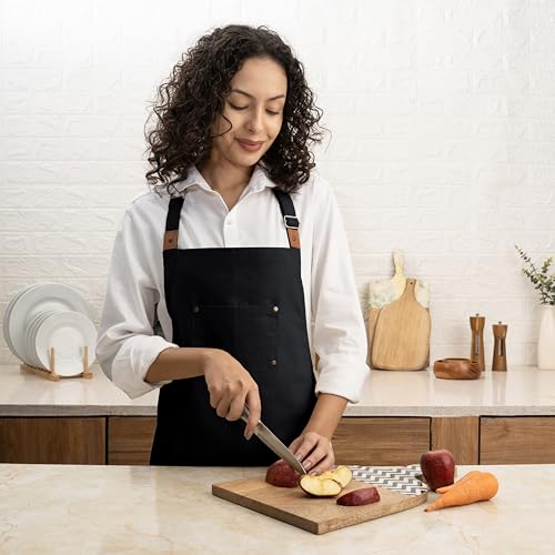 Cotton Canvas Apron for Women & Men – Adjustable Neck Strap & Waist Ties with Pockets - color: Black