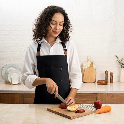 Cotton Canvas Apron for Women & Men – Adjustable Neck Strap & Waist Ties with Pockets - color: Black