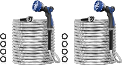 SPECILITE 50ft 304 Stainless Steel Garden Hose Metal, Heavy Duty Water Pipe with Nozzles for Yard, Outdoor - Flexible, Never Kink & Tangle, Puncture Resistant (Sliver) (Pack of 2) - color: Sliver, size: 50 ft (Pack of 2)