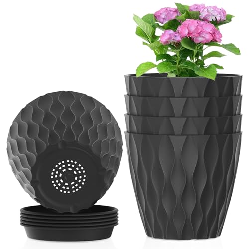 Meowell 6 inch Plant Pots, 5 Pack Flower Pots for Indoor Outdoor Plants, Water Ripples Plastic Planters with Drainage Holes and Saucers, Nursery Pots for Small Succulent Garden House Plants, Black - color: Black, size: 6 inch 5 pieces