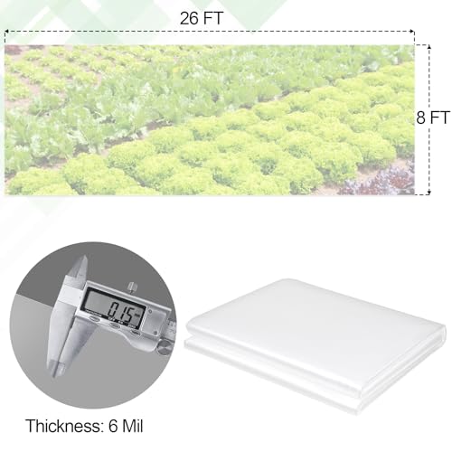 8 x 26 FT Clear Greenhouse Plastic Sheeting, 6 Mil Polyethylene Film Heavy Duty, Water Sun Frost Wind Dust Resistant Winter Hoop House Toughness Plastic Cover for Farming, Gardening, Agriculture, DIY - size: 8 x 26 FT
