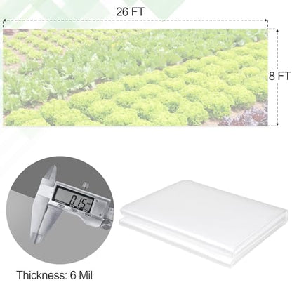 8 x 26 FT Clear Greenhouse Plastic Sheeting, 6 Mil Polyethylene Film Heavy Duty, Water Sun Frost Wind Dust Resistant Winter Hoop House Toughness Plastic Cover for Farming, Gardening, Agriculture, DIY - size: 8 x 26 FT