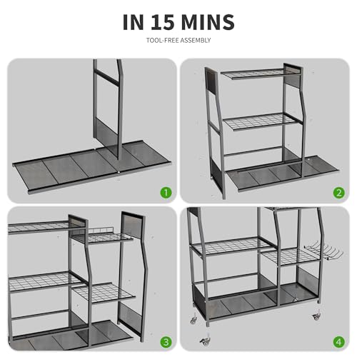 HOTEAGLE Garden Tool Organizer for Garage with 35.4” Width(High Stability), Outdoor Metal Utility Rolling Carts with Mute Wheels & 18.5mm Thick Rods, Easy to Clean, Black