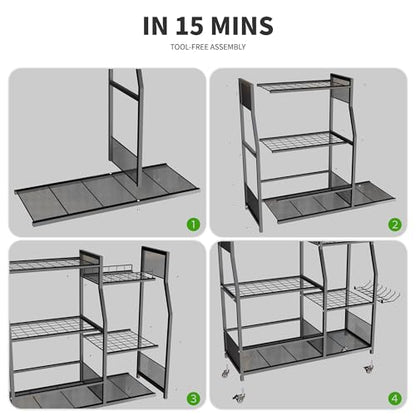 HOTEAGLE Garden Tool Organizer for Garage with 35.4” Width(High Stability), Outdoor Metal Utility Rolling Carts with Mute Wheels & 18.5mm Thick Rods, Easy to Clean, Black