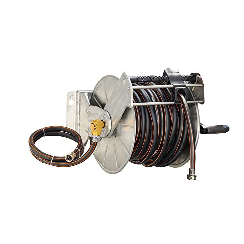Giraffe Tools Stainless Steel Garden Hose Reel Heavy Duty, Wall/Floor Mounted Stainless Water Hose Reel Retractable with Crank, 150-Feet 5/8" Hose Capacity＆100FT hose - size: 100 ft Capacity with Hose