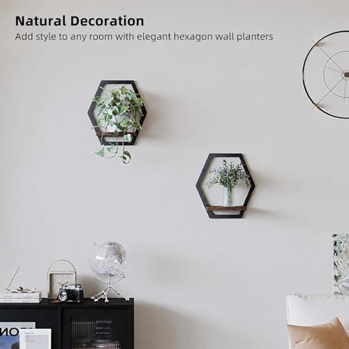 2 Pack Hexagon Wall Plant Stands, 9 Inch Walnut Wood Shelf Black - color: 2 Pack Black-a