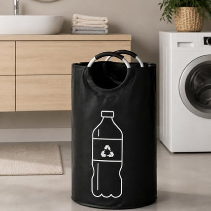 Extra Large Heavy Duty Canvas Waste Bag Cylindrical Folding Recycling Bin Single Storage Container for Yard Work and Home Organization