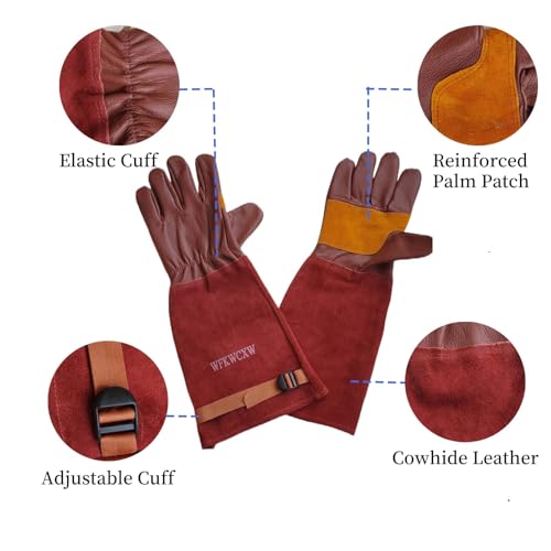 Cow Leather Adjustable Thorn Proof Gardening Gloves - color: Brown, size: Large
