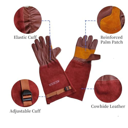 Cow Leather Adjustable Thorn Proof Gardening Gloves - color: Brown, size: Medium