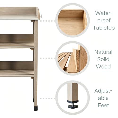 30″x14.5″×35.5″ Potting Table w/Metal Tabletop, 3 Layers Outdoor Work Bench w/Hook for Garden, Solid Wood Workstation for Garage (Grey)