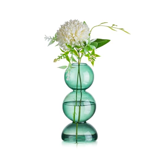 Glassseam Glass Vases for Flowers, Green Bud Vases for Decor, Cute Small Vase, Modern Aesthetic Vase, Unique Round Flower Vase, Decorative Bubble Vases for Centerpieces Wedding Table Decorations - color: Green, size: Single Vase (3 Balls)