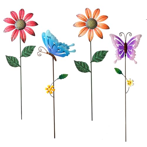 Metal Flowers for Outside, 16.15" 4-Pack Decorative Garden Stakes - color: color a