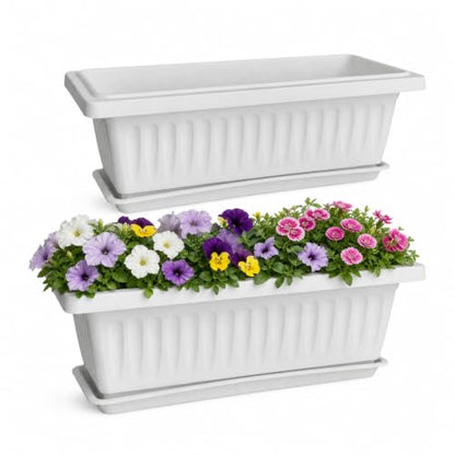 19 Inch Rectangular Plastic Planters, Set of 2, White Window Flower Boxes - color: White