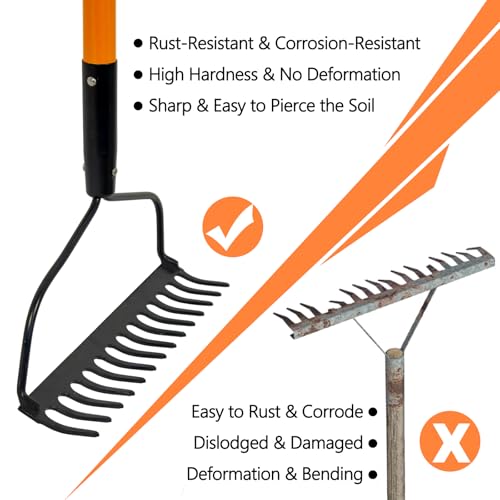 Nohovu Garden Rake - 14 Tine Heavy Duty Rake with 58 Inch Fiberglass Handle