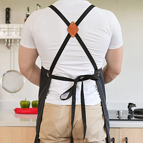 Aoomzoon Canvas Aprons for Men Women, Heavy Duty BBQ Apron with Pockets - color: Black②