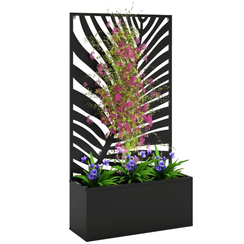 Outsunny Metal Raised Garden Bed with Trellis, Large Leaf Cut-Out - style: Large Leaf Cut-Out