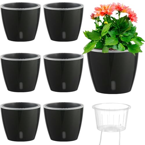 Self-Watering Pots for Indoor Plants, 6-Pack 6.7'' Self Watering Planter with Drainage Holes, Small African Violet Pots with Water Indicator, Clear Wick Pot, Black - color: Black/6 Pack, size: 6.7"