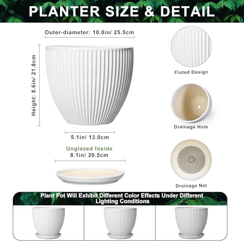 10 Inch Planter, Ceramic Plant Pots with Saucer, White - color: White, size: 10 Inch