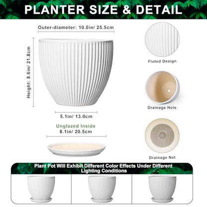 10 Inch Planter, Ceramic Plant Pots with Saucer, White - color: White, size: 10 Inch