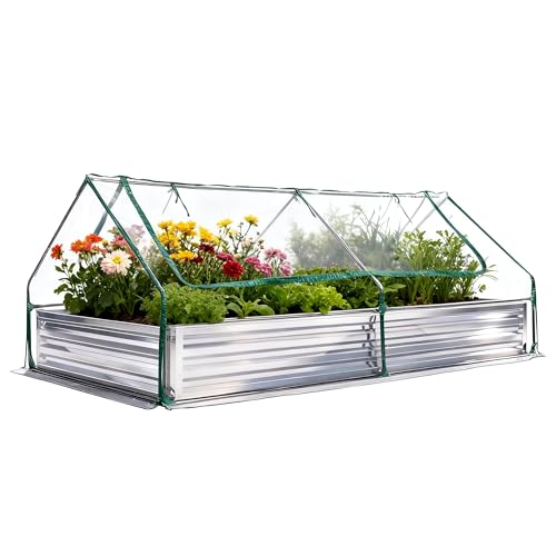 DUMOS Galvanized Raised Garden Bed with Cover, Clear, 8x4x1ft - color: Silver (Transparent Cover), size: 8×4×1ft