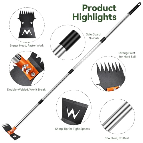 Weed Puller Tool & Garden Hoe, 60 Inch Long Handle, Heavy Duty Weed Remover - color: orange