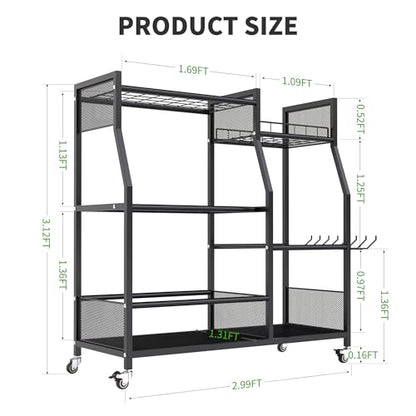 HOTEAGLE Garden Tool Organizer for Garage with 35.4” Width(High Stability), Outdoor Metal Utility Rolling Carts with Mute Wheels & 18.5mm Thick Rods, Easy to Clean, Black