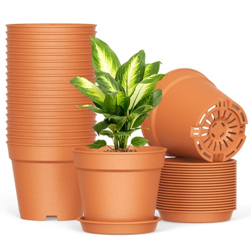 SwinDuck 20 Pack 6 Inch Plant Pots with Drainage and Saucers, Plastic Flower Pots for Indoor and Outdoor Plants, Stackable Nursery Planters for Houseplants and Herbs, Terracotta - color: Terracotta, size: 20-Pack