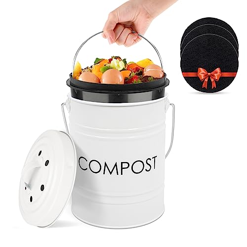 Vipush Compost Bin Kitchen Countertop Compost Bin with lid – Small Compost Bin Includes Inner Compost Bucket Liner & 3 Charcoal Filters, White - color: white