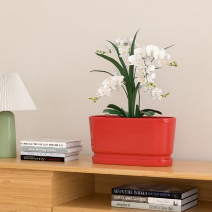 13" Rectangular Ceramic Planter with Drainage and Saucer, Red - color: Red, size: Large