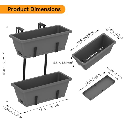 CADUKE 2 Tier Deck Railing Planter Boxes, Adjustable Hanging Railing Planter, Outdoor Railing Flower Boxes, Window Flower Boxes for Deck Railings, Gray - color: Gray