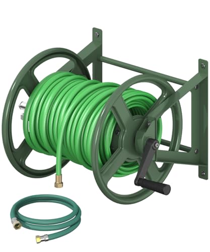 Garden Hose Reel Wall Mounted, Heavy-Duty Water Hose Holder Winder with 3.9 ft Leader Hose & Brass Fitting, Hose Hanger Storage Rack Holds 125-Feet of, 5/8-Inch, for Yard Lawn Farm, Green - color: Green