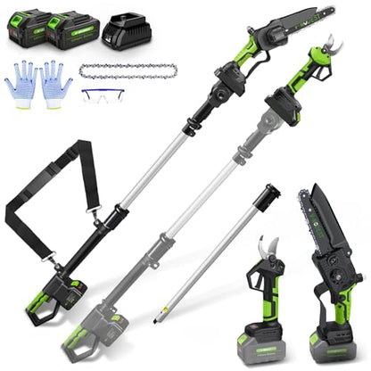 4-in-1 Cordless Pole Saw&Electric Pruning Shear, 8" 15Ft Reach, 2 Batteries - color: Green