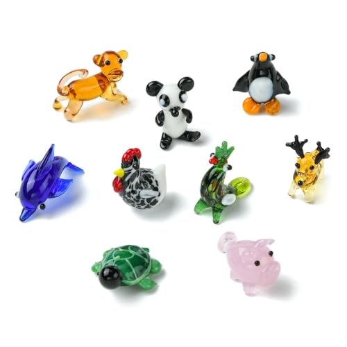 KitBeads 9Pcs Mini Glass Animal Figurines Handmade Lampwork Penguin Dolphin Deer Panda for Micro Landscape Dolhouse Fairy Garden Display Decor