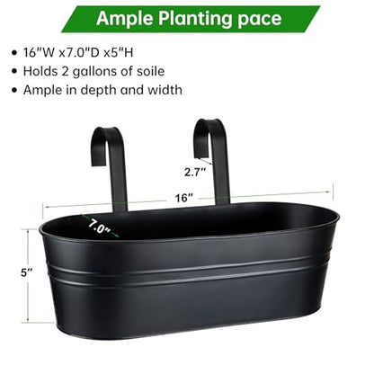 Railing Planter Box, 16" Large Hanging Planters for Outdoor Plants, 3 Pack
