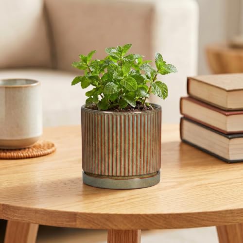 4 Inch Pots for Plants, Ceramic Plant Pots with Saucer, Retro Brown - color: Retro Brown, size: 4 Inch